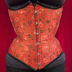 Deadly Fetish Red Silk Brocade Hello Kitty Corset Gothic Lolita Pin Up Cincher